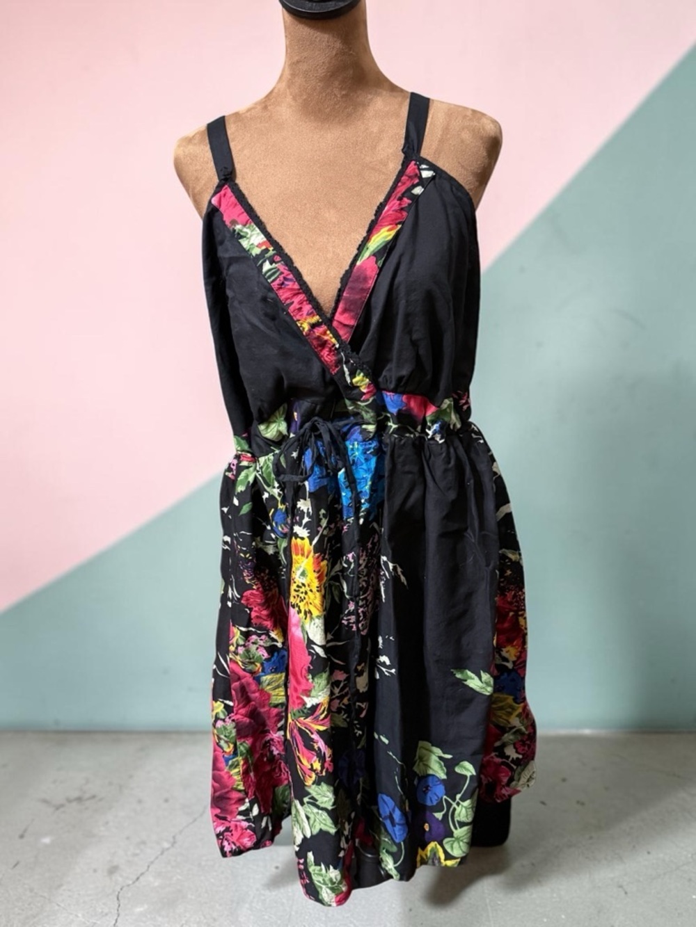 Floral-Trim Black Midi Dress with Tie Waist